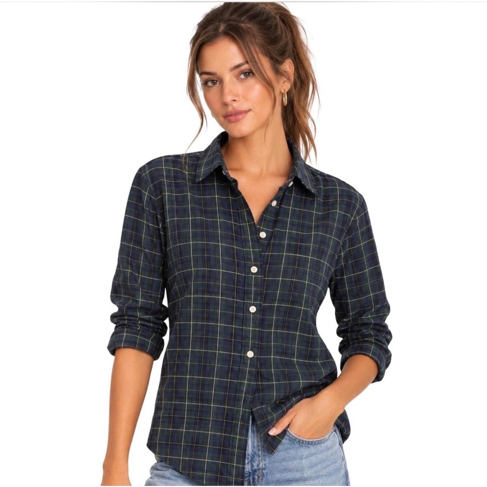 Lauren Ralph Lauren Navy Green Plaid Cotton Button Down Shirt Womens Medium